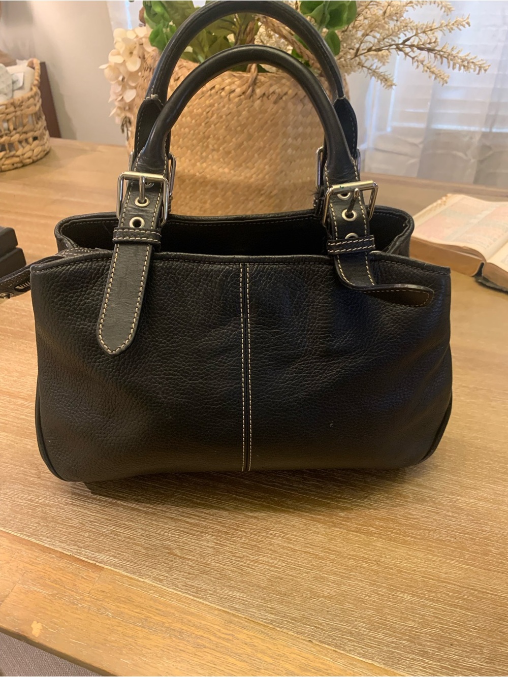 Dooney & Bourke Black Pebbled  Leather Satchel with White Stitching